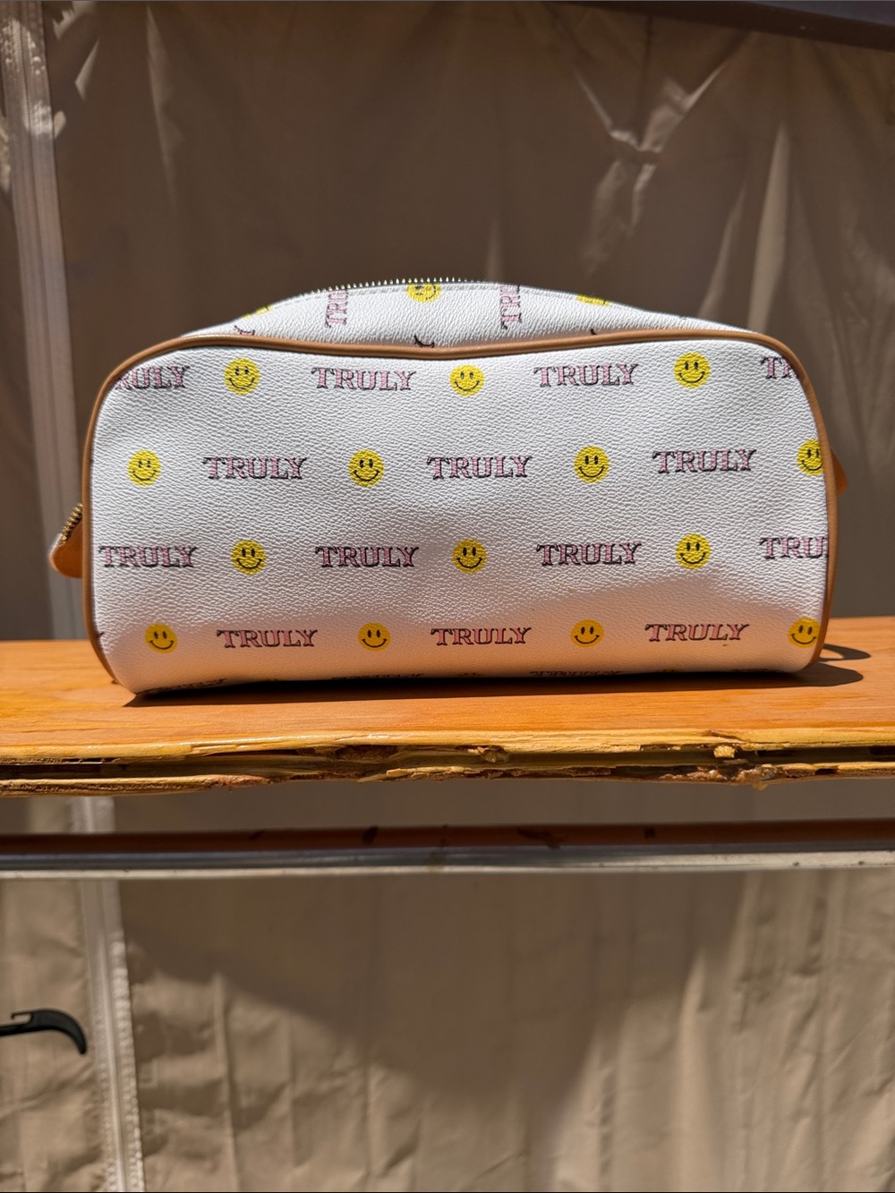TRULY White Cosmetic Pouch with Yellow Smiley Print